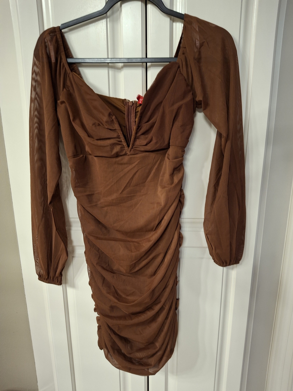 GUESS Brown Ruched Long-Sleeve Women’s Dress